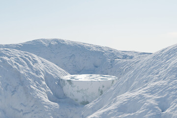 Wall Mural - 3d render winter platform and natural mockup background, ice podium on the ice snow mountain in clea