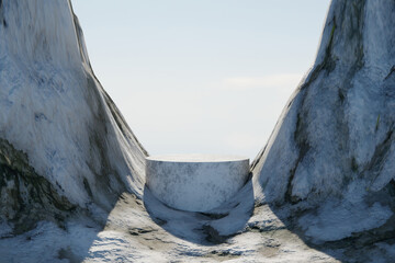 Wall Mural - 3d render winter stage and natural mockup background, stone podium between the snow mountains for pr