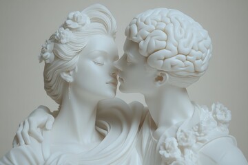 Poster - Classical sculptures of a man and woman with exposed brains symbolizing the intersection of art anatomy and psychology in a timeless representation of human thought