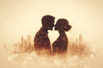 Wall Mural - Vintage inspired digital silhouette of a couple in an urban landscape symbolizing timeless love and connection amidst a backdrop of industrial progress