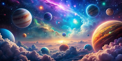Wall Mural - vibrant space scene with colorful planets, twinkling stars, and fluffy clouds