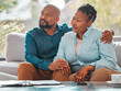 © peopleimages.com - Back people, couple and listen to broker at home for funeral cover or life policy planning. Relationship, meeting and serious for financial for advice on house insurance with paperwork and contract
