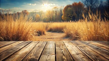 Rustic wooden floor with dry grass in the foreground