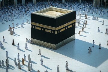 A large crowd of people circumambulating the Kaaba, Islam's holiest shrine in Mecca, Saudi Arabia.