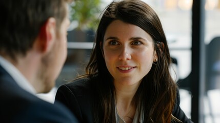 Confident businesswoman in her thirties discussing with a male colleague during an office meeting. Collaboration, communication, and professional business concepts.