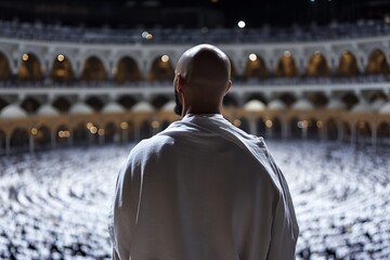 Wall Mural - A man in white robes stands in a large mosque, looking out over a crowd of worshippers.