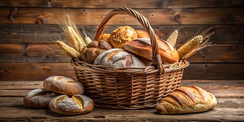 A rustic basket filled with freshly baked bread, representing warmth, comfort, tradition, and abundance