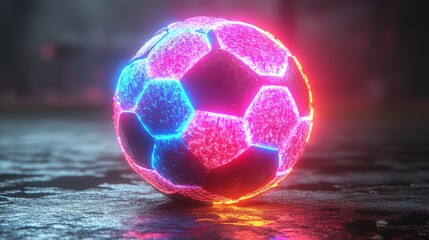 Wall Mural - 3D render of a neon soccer field in a wide screen side view, with a virtual sports playground featuring a glowing pink, violet, and blue football scheme, isolated on a black background.