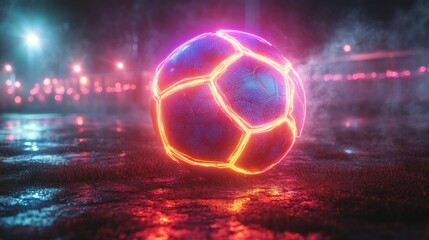 3D render of a neon soccer field in a wide screen side view, with a virtual sports playground featuring a glowing pink, violet, and blue football scheme, isolated on a black background.