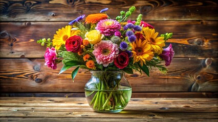 Wall Mural - A vibrant bouquet of mixed flowers in a glass vase on a wooden table