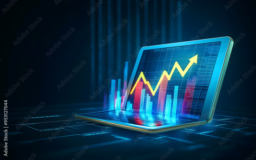 Business 3d tablet virtual growth arrow financial graph on digital ...