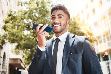 Poster - Phone call, business and man in city, loudspeaker and conversation with network signal. Person, lawyer and attorney in street, cellphone or discussion with digital app for voice note, travel or smile