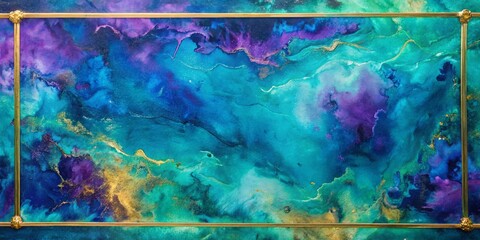 Close-up of abstract painting with blue, purple, green colors and gold border