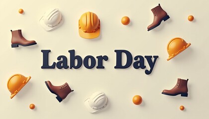 Wall Mural - Abstract Labor Day design featuring minimalist work boots and hardhat icons scattered on a plain background.