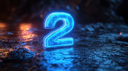 3D render of a blue neon number two glowing inside a linear rounded frame isolated on a black background.