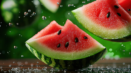 Juicy watermelon slices on a wooden table, glistening with freshness, seeds scattered, vibrant summer feel