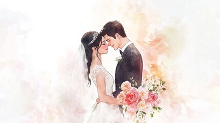 Cartoon and watercolor illustration of a bride and groom. The bride is wearing a white dress with a crown on her dark hair, surrounded by peonies and roses.