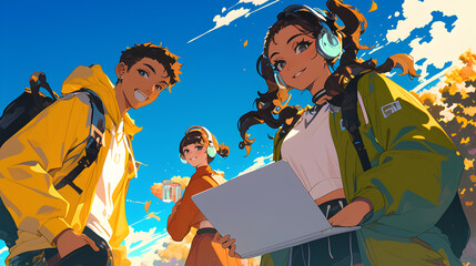 A group of young people in cool trendy clothes carrying laptops. Anime style