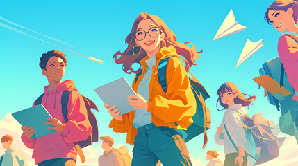 A group of young people in cool trendy clothes carrying laptops. Anime style