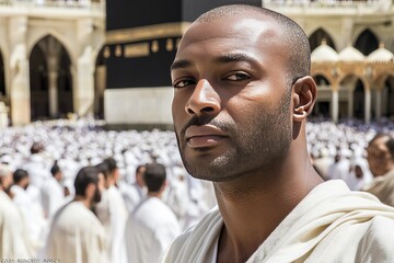 Wall Mural - A young Muslim man in white robes looks directly at the camera in front of a large crowd of people at the Kaaba in Mecca, Saudi Arabia.