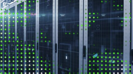 Sticker - Green and white dots data processing animation over server racks in data center