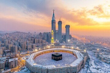 Wall Mural - Aerial view of the Kaaba in Mecca, Saudi Arabia, with a golden sunset and snow on the ground.