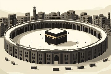 An illustration of the Kaaba, a cube-shaped building in Mecca, Saudi Arabia, considered the holiest site in Islam, with the surrounding mosque and city in the background.