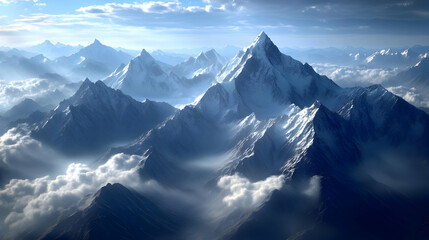 Majestic Mountain Range with Snowy Peaks and Clouds