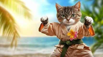 Funny Cat in Karate Gi on Beach,  Karate Cat