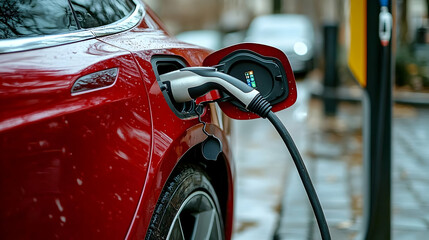 Electric Vehicle Charging Station - Red Car Plugged In