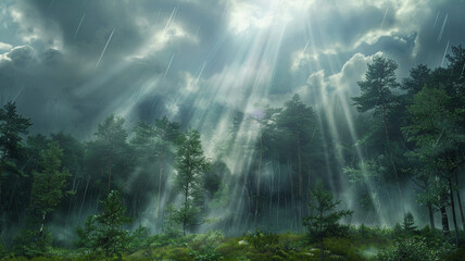 Wall Mural - an image of a forest with shafts of light breaking through the clouds and illuminating the ground