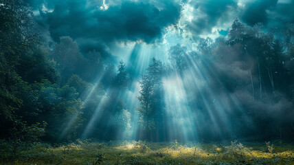 an image of a forest with shafts of light breaking through the clouds and illuminating the ground