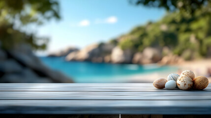 Wall Mural - Decorative Eggs Resting on a Wooden Table with a Blurred Beach Background