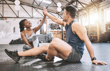 Sticker - High five, sports and team of athletes in gym with achievement, challenge or training together. Happy, celebration and young man and woman cheering for workout partnership goals in fitness center.