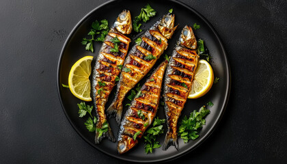 Grilled sardines on a plate with lemon slices, rich in omegas, brainhealthy diet concept