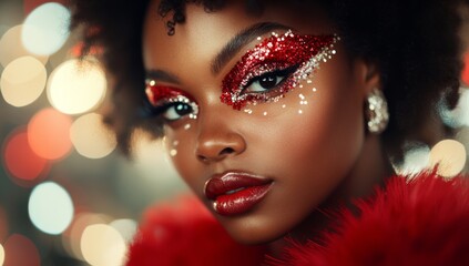 Close-up of a beautiful black woman wearing a red outfit and makeup with glitter on her eyelids 