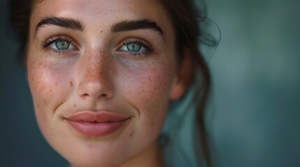 Wall Mural - A close-up portrait of a young woman with freckles and striking blue eyes, smiling softly.