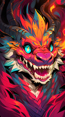 Sticker - Oni Dragon evil ruler scary face close up, Anime style