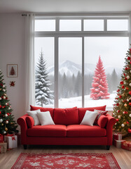 Wall Mural - red sofa, white walls, living room, decorated with Christmas decor, Christmas tree, wooden coffee table, large window, wooden floor