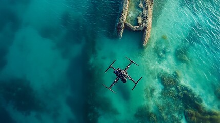 Aerial view of a drone hovering over a turquoise ocean with a rocky outcropping in the background.