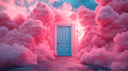 Canvas Print - 3D rendering of a blue door and pink clouds in the sky abstract minimal background