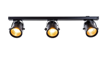 Wall Mural - a black track light fixture with three adjustable spotlights and warm white light bulbs.