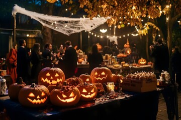 Spooky Halloween Party Setup with Carved Pumpkins Spider Webs and Festive Lighting