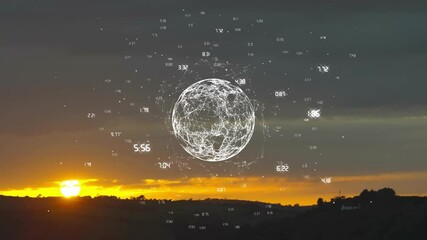 Sticker - Network of connections and data points animation over sunset landscape