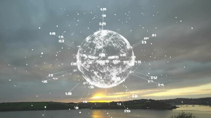 Wall Mural - glowing globe with data points animation over serene landscape at sunset