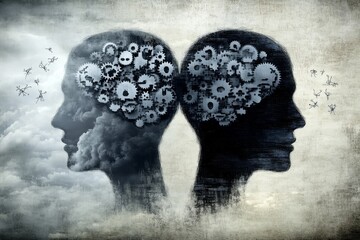 Learning Love Abstract monochrome depiction of two brains with mechanical gears representing the intersection of human thought and machine logic in a grayscale composition