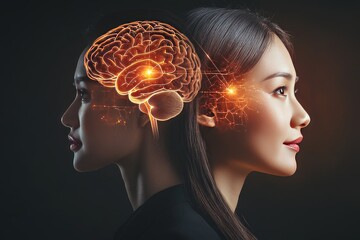 Wall Mural - Brainpower Couple Abstract digital portrait of a woman with a glowing brain symbolizing mental energy creativity and the power of thought in a futuristic setting