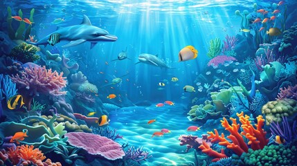 Underwater Scene with Dolphins  Coral Reefs  and Colorful Fish