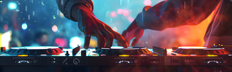 A close-up shot of a DJ's hands mixing music on a turntable at a vibrant nightclub lights in background