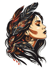 Wall Mural - Womans Head with Feathers very simple traditional tattoo flash styles illustration